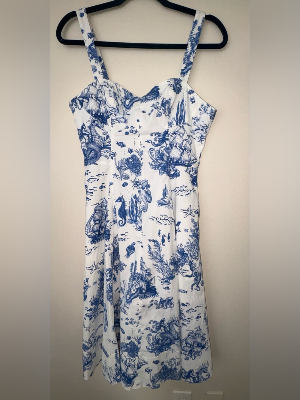 Avec Les Filles Blue White Toile Print Fit & Flare Dress Size 8